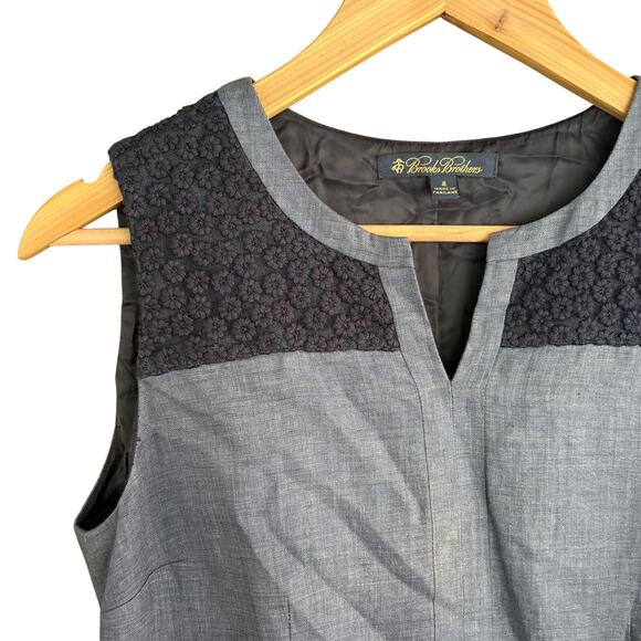 Brooks Brothers Linen Sheath Dress 4 Navy Blue Floral Emboridered Crochet Prep - Picture 5 of 6